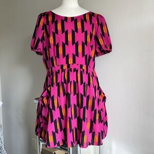 Allen B | Geometric Pattern Dress with Cutout Back Deep Pockets Vibrant Colors